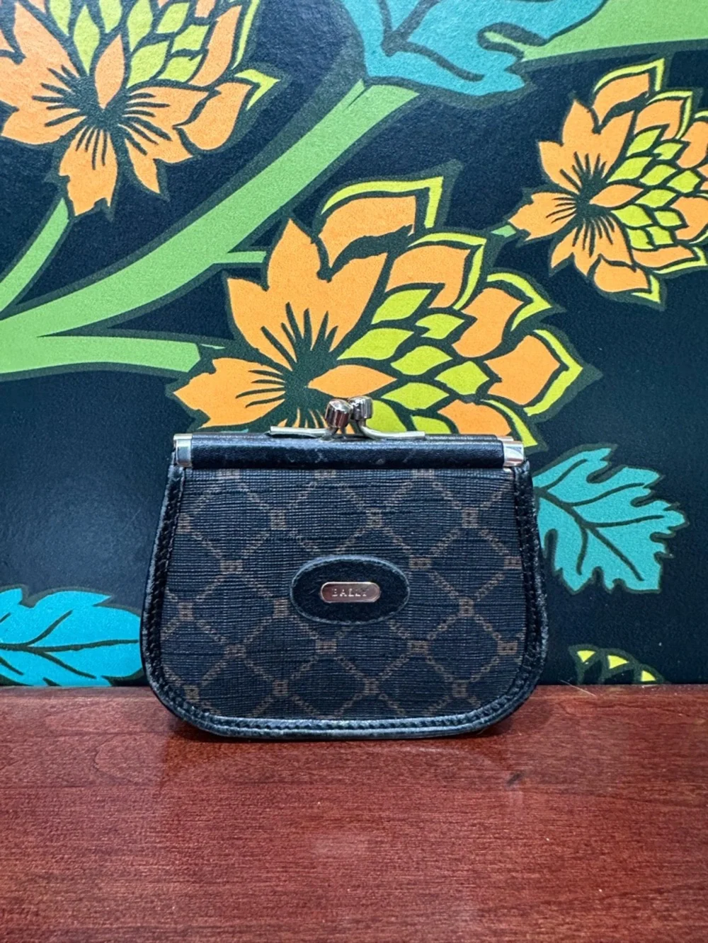 Vintage Bally Kiss Lock Coin Purse Monogram Canvas Mini Wallet Clasp Pouch